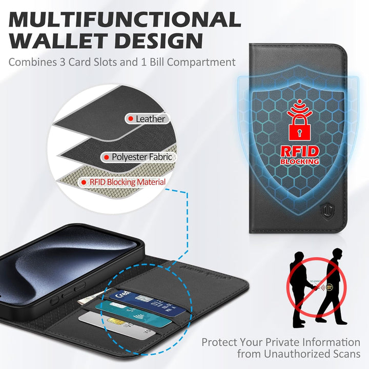 SHIELDON Hülle für iPhone 15 Pro 5G, Handyhülle [Echtleder] [Kartenfach] [Magnet] [Standfunktion] [R