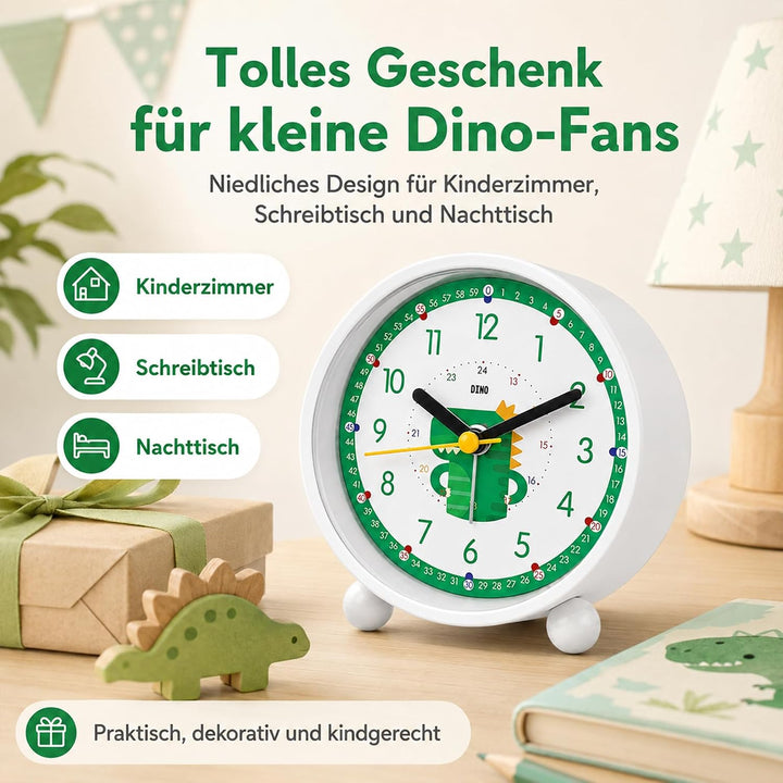 Sunshine Smile Dinosaurier Wecker mit Nachtlicht, Analog ohne Ticken, Lernwecker ohne Ticken, E-grün