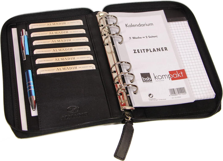 ALMADIH Leder A6 Organizer mit Reissverschluss, Kalender 2024 Notizblock Premium Rindsleder Schwarz