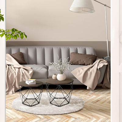 Ribelli 2er Set Beistelltisch, Wohnzimmertisch mit Korbfunktion, Couchtisch Rund, Korbtisch mit Abne