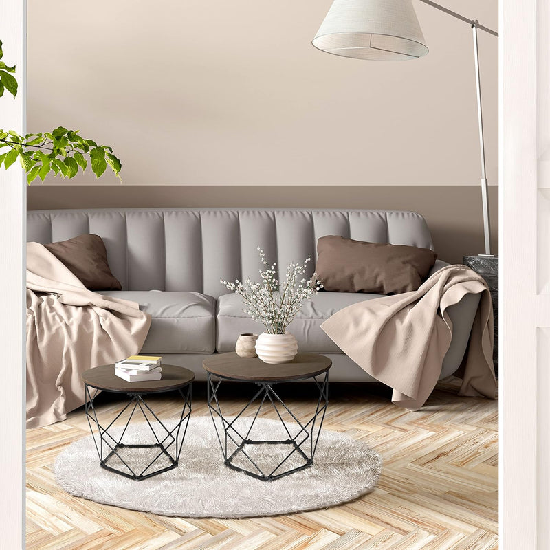 Ribelli 2er Set Beistelltisch, Wohnzimmertisch mit Korbfunktion, Couchtisch Rund, Korbtisch mit Abne
