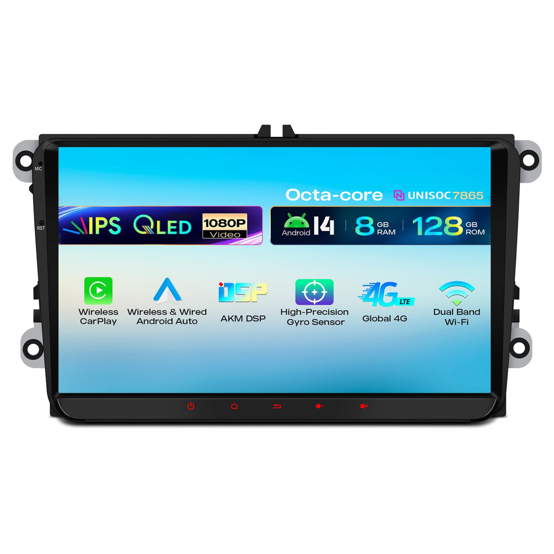 XTRONS Android 14 Autoradio Octa Core 8+128GB für VW Škoda SEAT 9-Zoll-IPS-QLED-Bildschirm Integrier