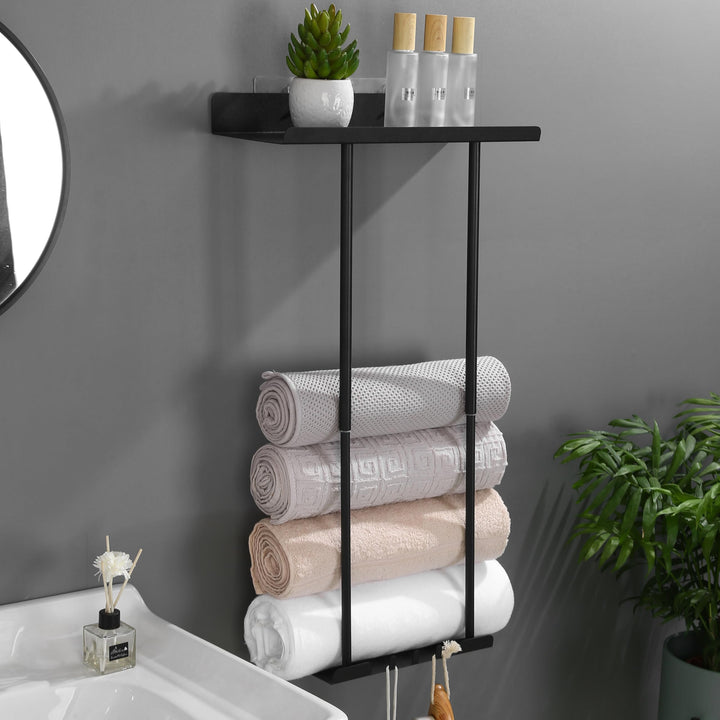 Handtuchregal ohne Bohren Badezimmer Wand, Edelstahl Schwarz Handtuch Regal, Haltbar Gästehandtuchha