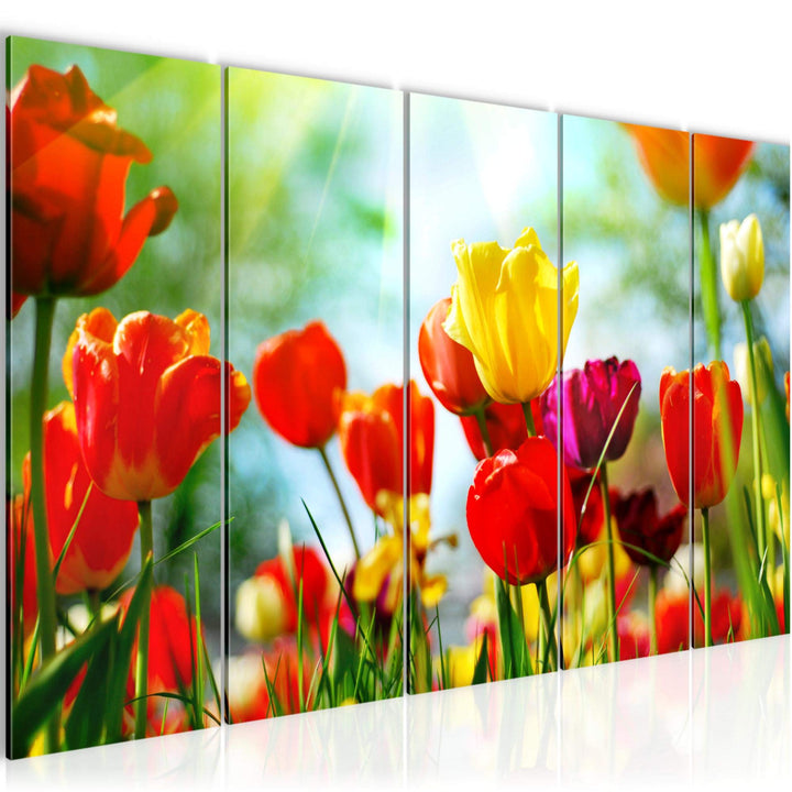 Runa Art Wandbild XXL Blumen Tulpen Wohnzimmer Schlafzimmer 200 x 80 cm Bunt 5 Teilig - Made in Germ