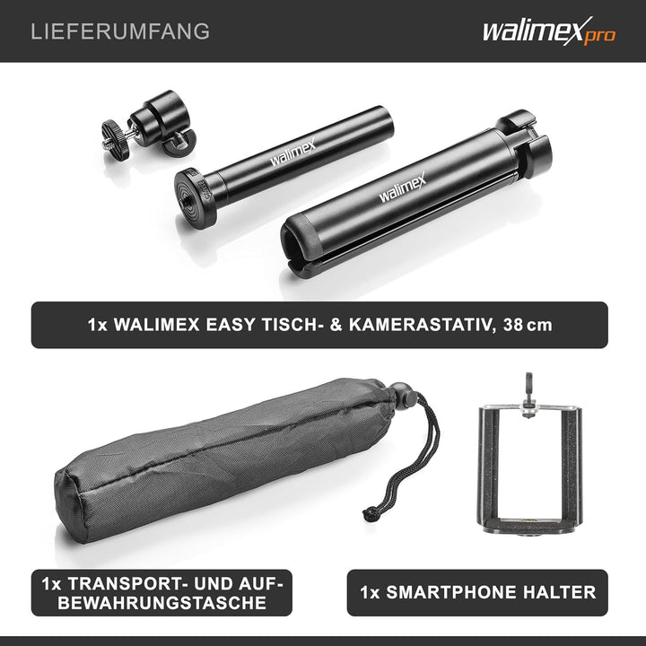 Walimex pro Easy 38 Tischstativ und Kamerastativ, höhenverstellbares Tripod Stativ 4-38 cm für Kamer