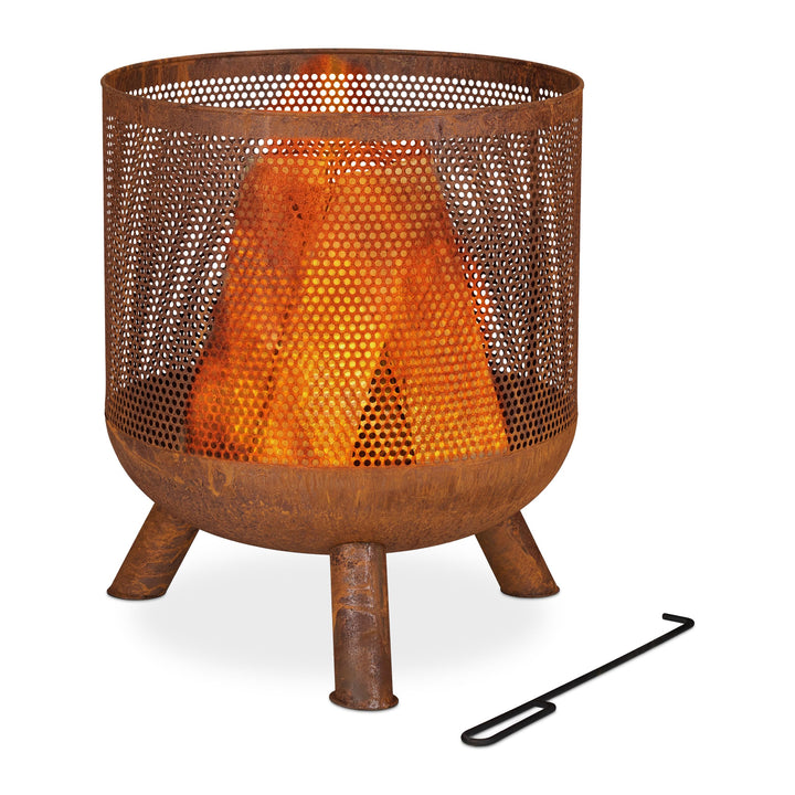 Relaxdays Feuerkorb, Mesh Design, Rostoptik, Feuerrost, Schürhaken, HxD: 53 x 44 cm, Garten Feuerton