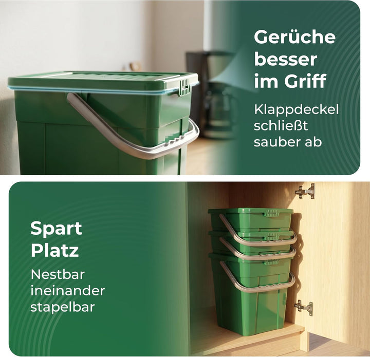 Novaliv Biomülleimer Küche 7L 3er-Set mit Klappdeckel &amp; Tragegriff, Komposteimer stapelbar, BPA-frei