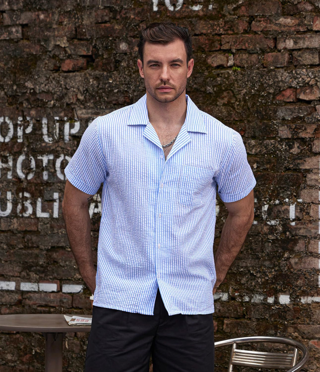 VATPAVE Herren Gestreifte Sommerhemd Casual Button Down Kurzarm Strand HawaiiHemd S Hellblau, S Hell