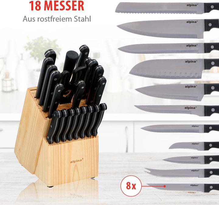 alpina Messerblock aus Holz - Bestückt für Küchen - Kochmesser - Messer Set, Holz