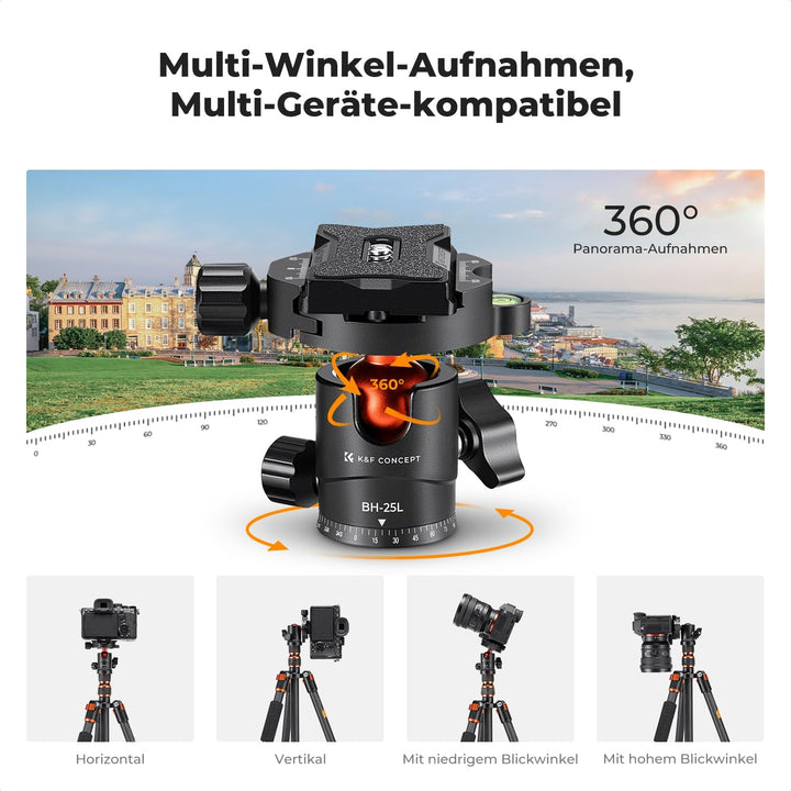 K&F Concept 152cm Carbon Stativ, Leichtes Tripod, Flexibles Kamera Stativ mit 360° Kugelkopf, 1/4''