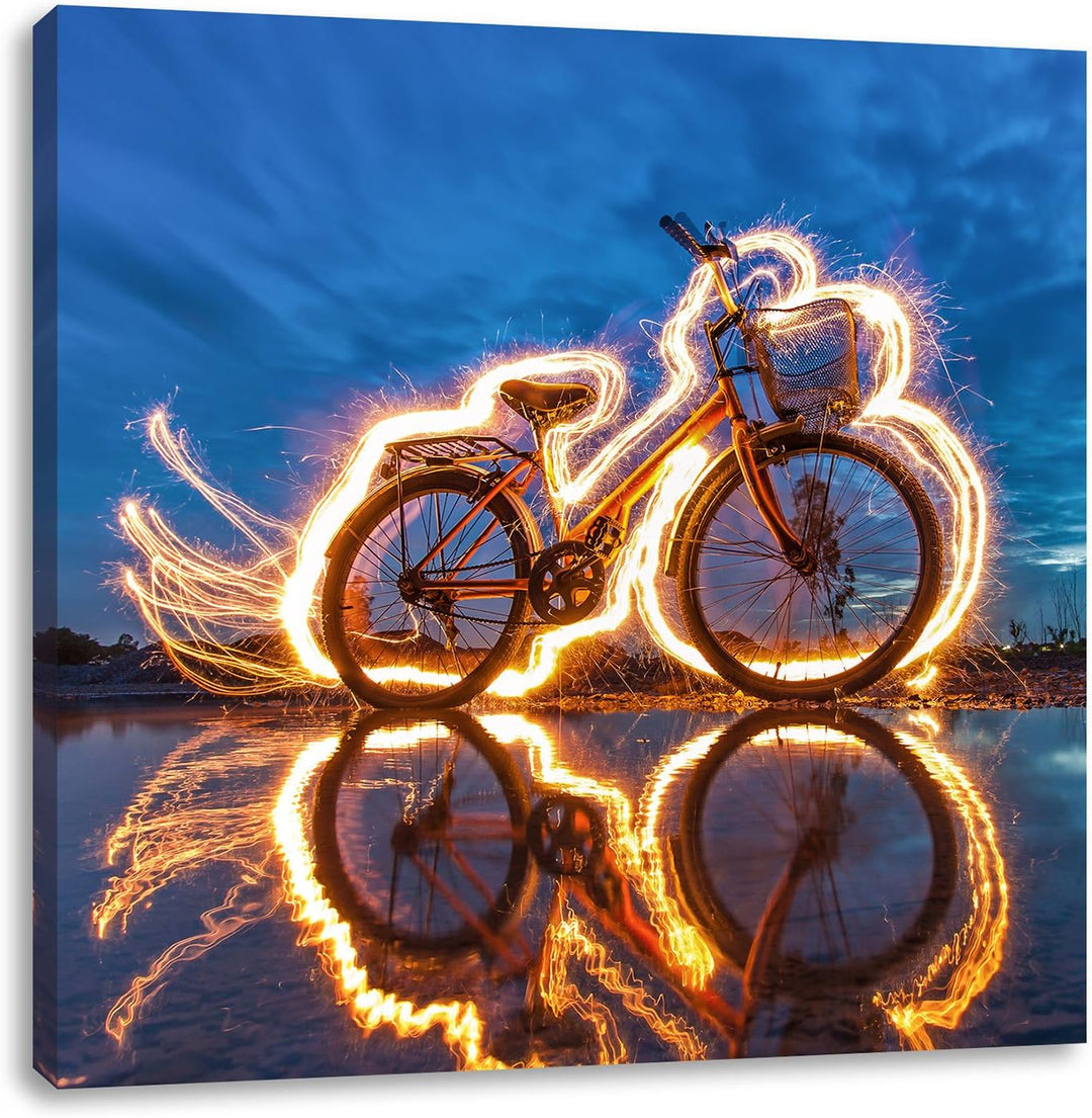 Pixxprint Burning Bike brennendes Fahrrad 70x70cm Leinwandbild Wandbild Kunstdruck, 70x70