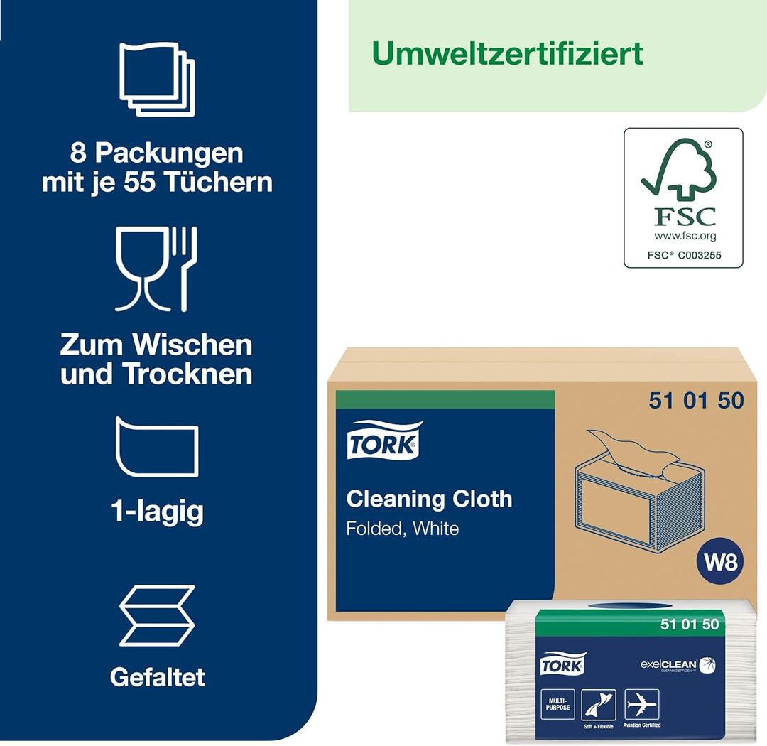 Tork 510150 Reinigungstücher für W8 Small Pack System / 1-lagige Putztücher in Weiss / Weich, flexib