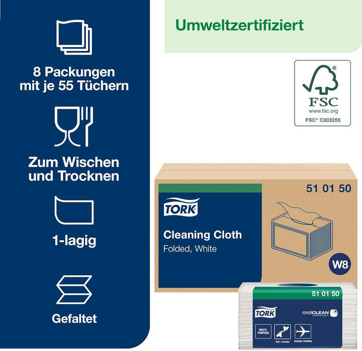 Tork 510150 Reinigungstücher für W8 Small Pack System / 1-lagige Putztücher in Weiss / Weich, flexib