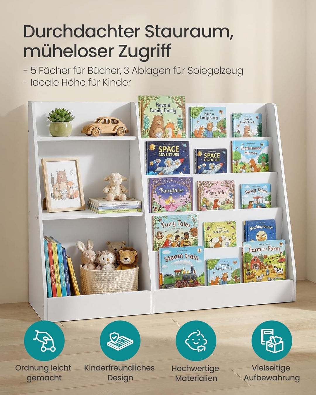 SONGMICS Bücherregal Kinder, Spielzeugregal, Kinderregal, Montessori Regal mit 5 Ebenen, Kinderzimme