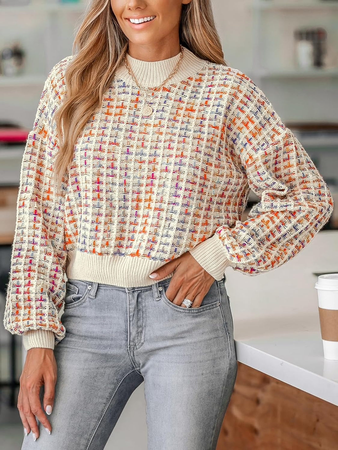 CUPSHE Damen Strickpullover Rundhals Puffärmel Melange Optik Grobstrick Pulli Oberteile Crop Tops Kn