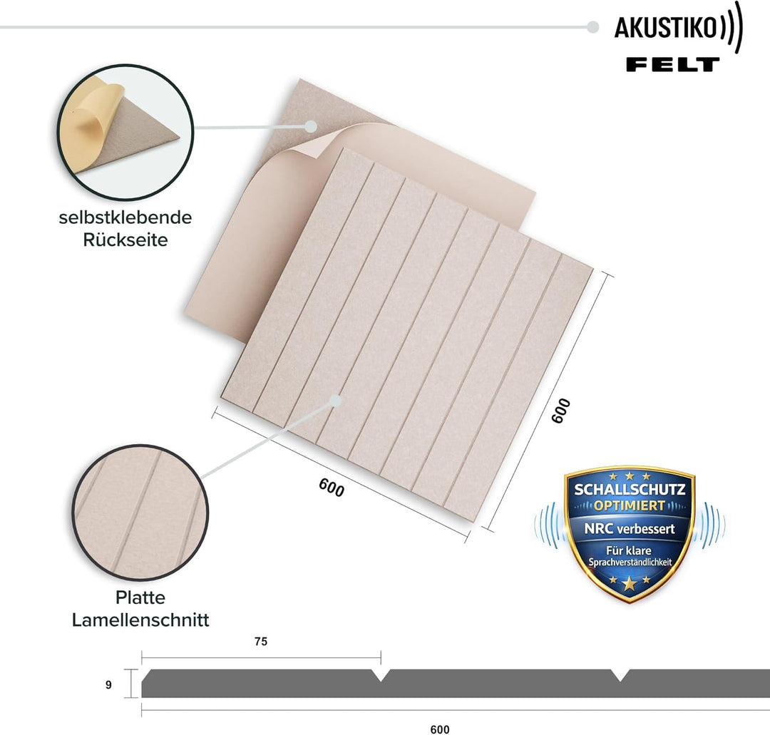 AKUSTIKO Akustikpaneele Selbstklebend 60x60cm - 4 Stück Beige Akustik Wandpaneele Schallschutz & Rau