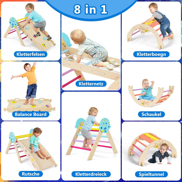 COSTWAY Klettergerüst Indoor 4er Set, klappabres Kletterdreieck mit Rutsche, Kletterbogen, Netz, ink