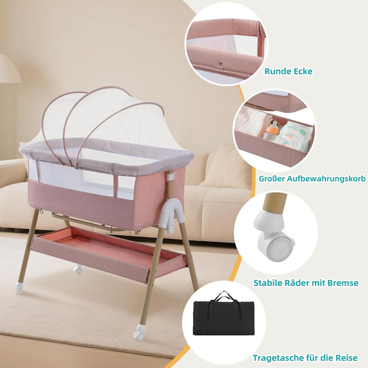 3 in 1 Beistellbett Baby, Tragbar reisebett Baby mit matratze Höhenverstellbar Bettchen Verstellbare