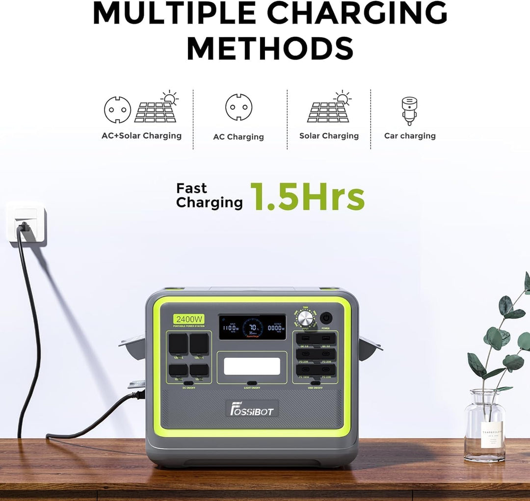 FOSSiBOT F2400 Tragbare Powerstation mit 2048Wh LiFePO4, 3X AC Ausgängen 2400W (4800W Peak) Solargen