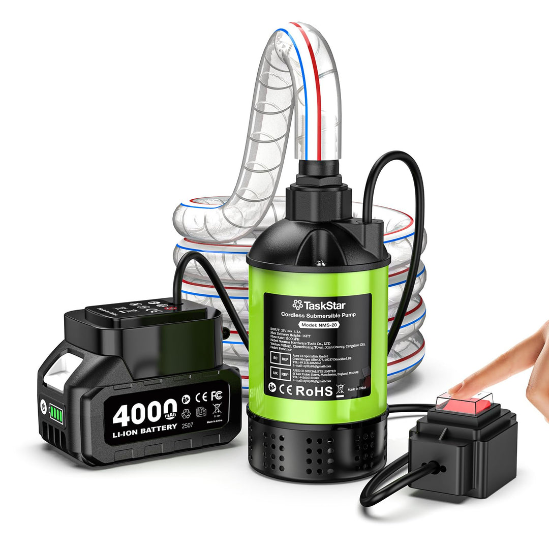 Kabellose Tauchwasserpumpe Brushless, 4164 L/h Kleine Tragbare Vielzweckpumpe 4000mAh-Akku &amp; Schlauc