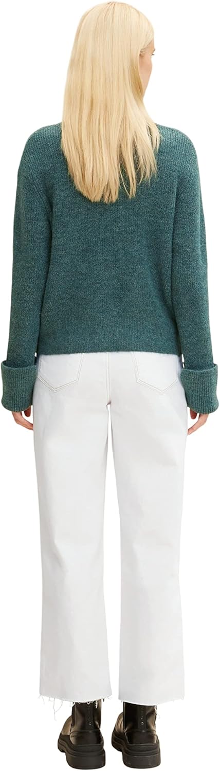 TOM TAILOR Denim Damen Pullover mit umgeschlagenem Ärmel M 30358 - Green Dust Melange, M 30358 - Gre