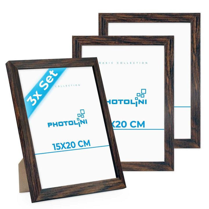PHOTOLINI Bilderrahmen 15x20 Holz MDF Eiche Dunkel, 3er Set Bilderrahmen 20x15, Picture Frame mit Ac