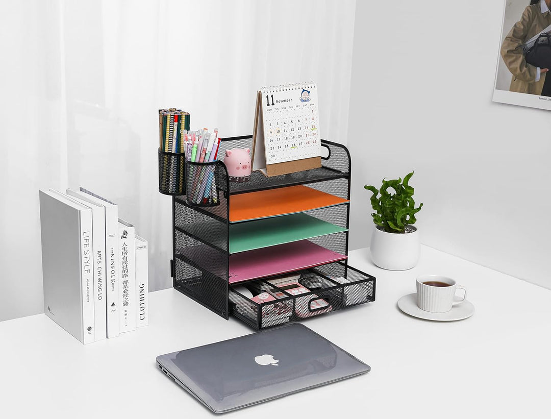 5-Fach Schreibtisch Organizer mit Schublade, Mesh Schreibtisch Datei Organizer mit Griff, Papier Sor