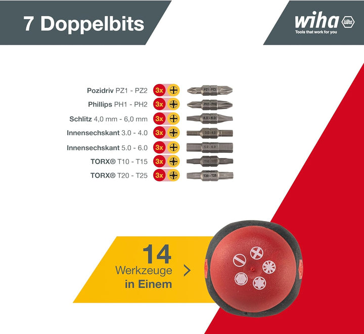 Wiha Schraubendreher mit Bit Magazin Stubby I mit 7 Doppelbits I 14 Werkzeuge in einem I Schlitz, Ph