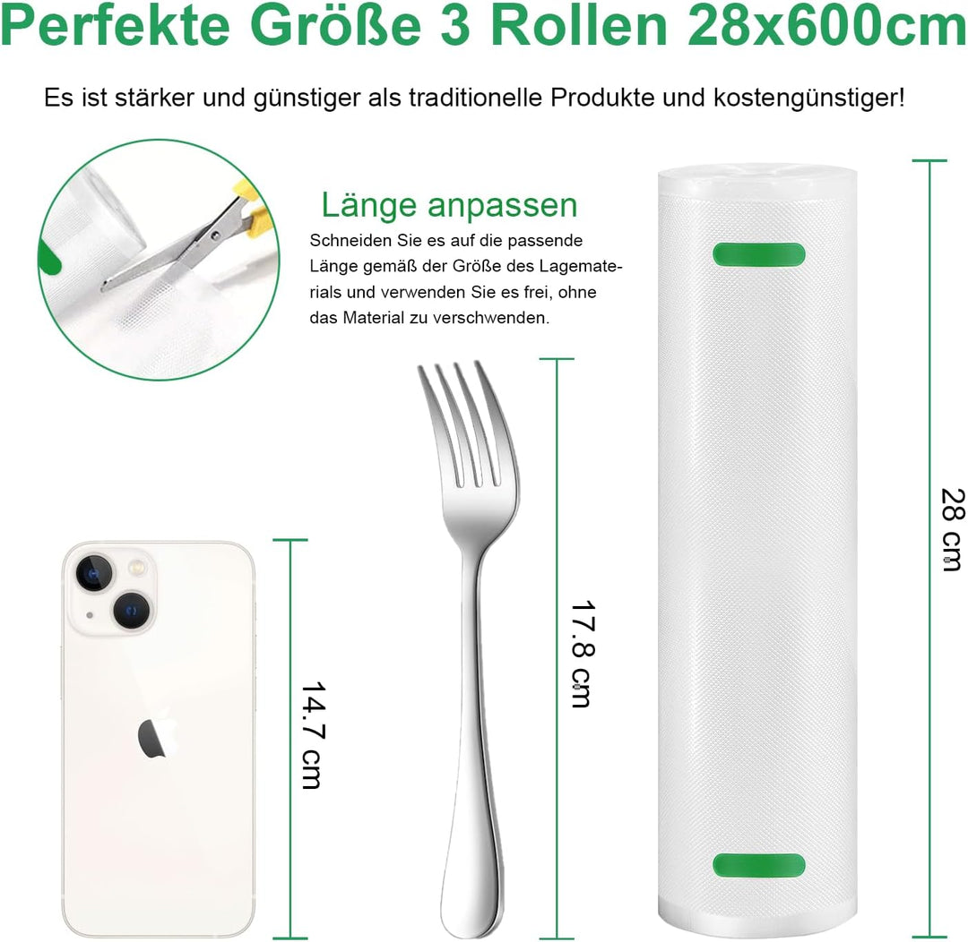 Gokilife Vakuumierbeutel - 3 Rollen 28x600cm Reissfest ca. 450µm, Vakuumierfolie für alle Vakuumiere