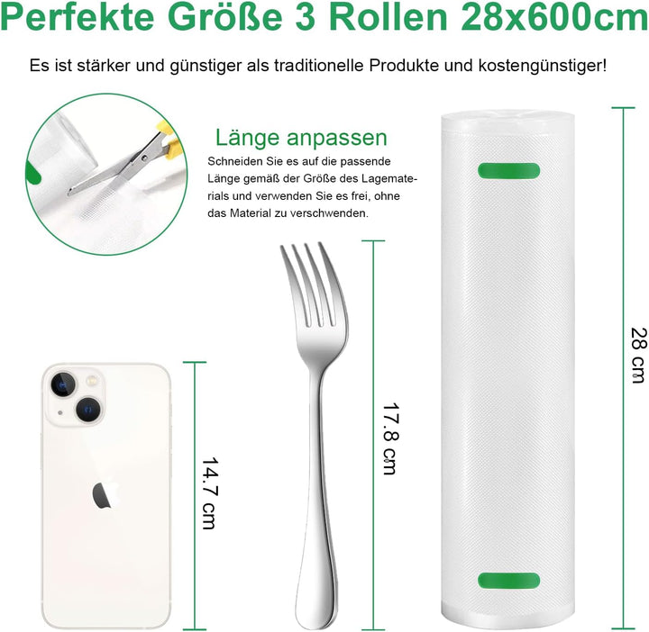 Gokilife Vakuumierbeutel - 3 Rollen 28x600cm Reissfest ca. 450µm, Vakuumierfolie für alle Vakuumiere
