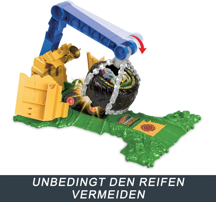Hot Wheels Monster Trucks Rhinomite Angriffs-Challenge Spielset mit einem Spielzeugtruck und 2 zerdr