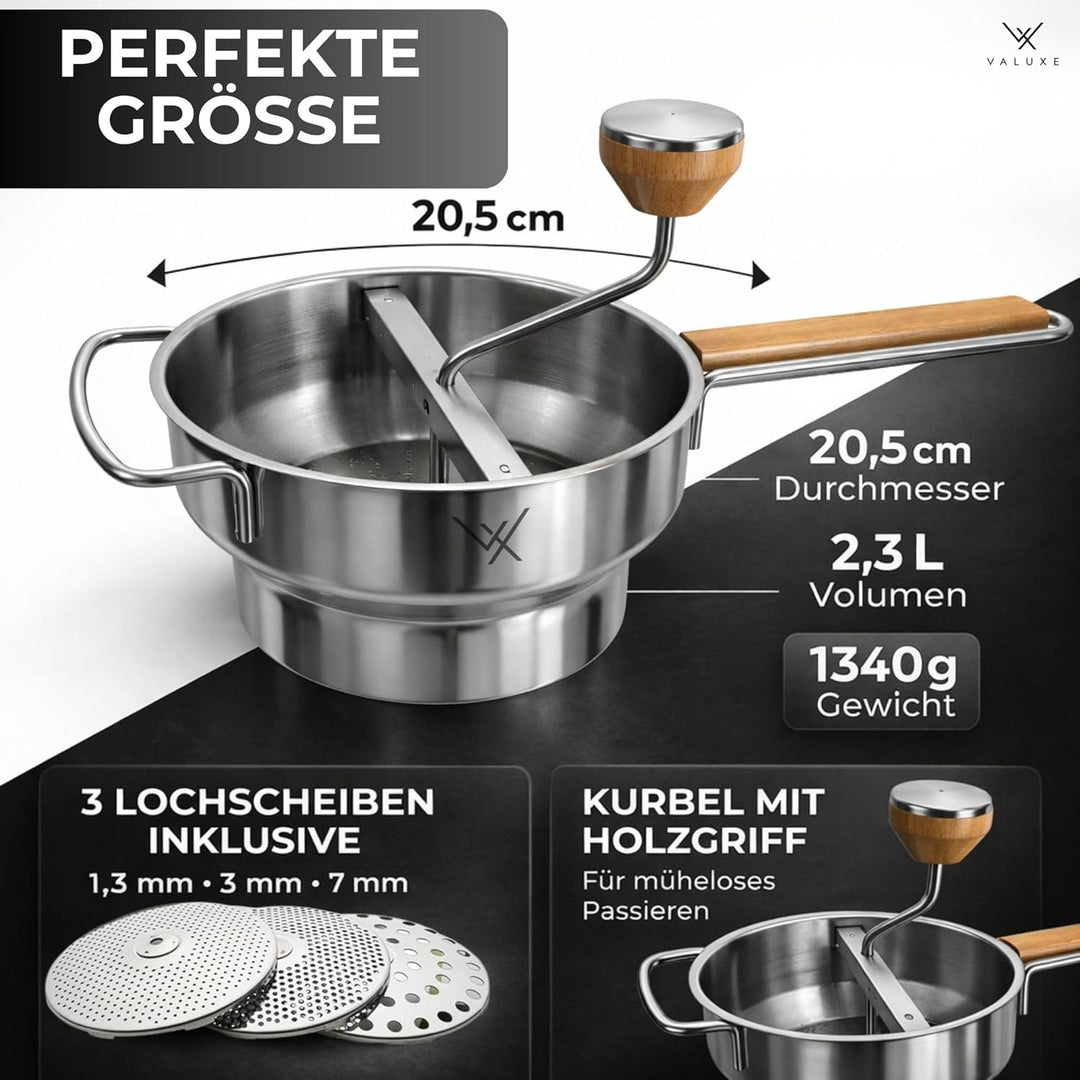 VALUXE® Premium Passiermühle Edelstahl mit 3 Passiersieb-Einlagen – mit 2,3 L Füllvolumen und rutsch