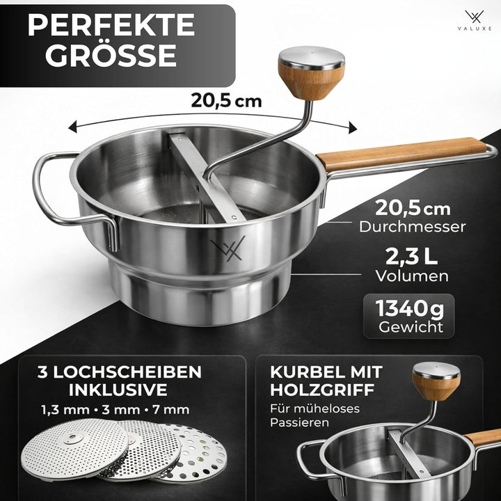 VALUXE® Premium Passiermühle Edelstahl mit 3 Passiersieb-Einlagen – mit 2,3 L Füllvolumen und rutsch