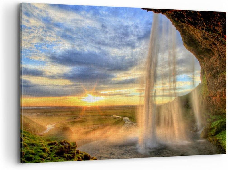 Bilder auf Leinwand 100x70cm Leinwandbild Wasserfall Natur Park Sonne Gross Wanddeko Bild Schlafzimm