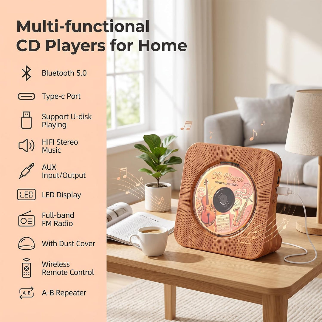 CD Player mit Lautsprecher, Bluetooth 5.0, Radio Holzoptik, Holzoptik