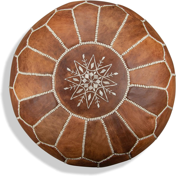 Marokkanischer Echtleder Pouf - Cognac Braun - Handgefertigt - gefüllt geliefert - Ottoman Sitzsack