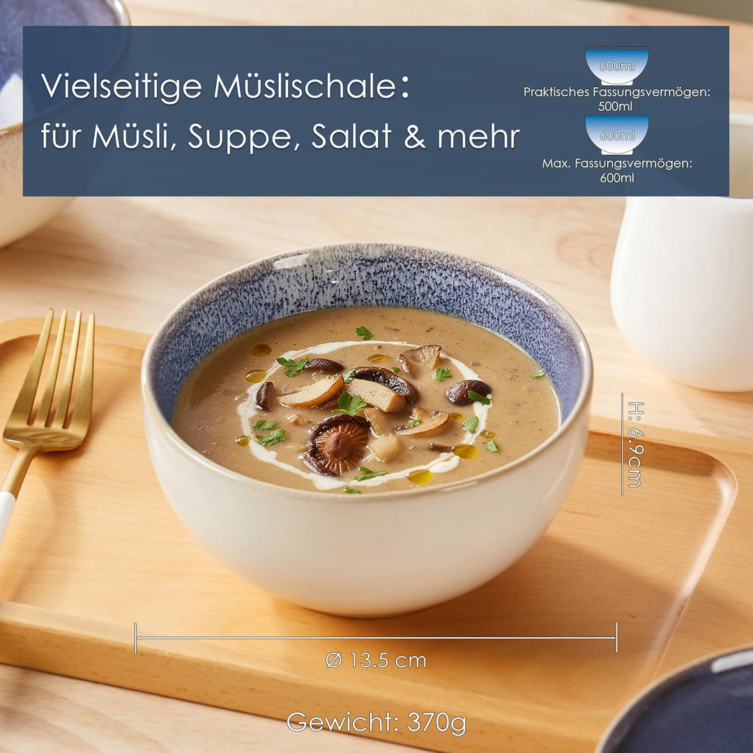 Jiwoo Müslischalen &amp; Frühstücksschalen 4er 600 ml mit Reaktivglasur | Aus Modern Bone China – handge