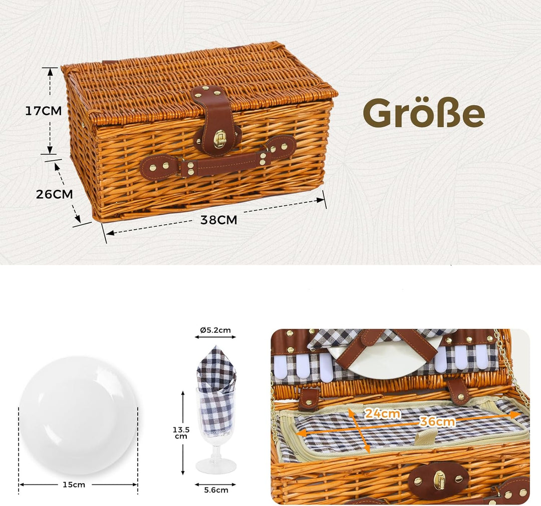 Picknickkorb Set für 2 Person mit Kühlfach, Abnehmbarer Riemen, Weinbeutel, Besteck Set, für Camping