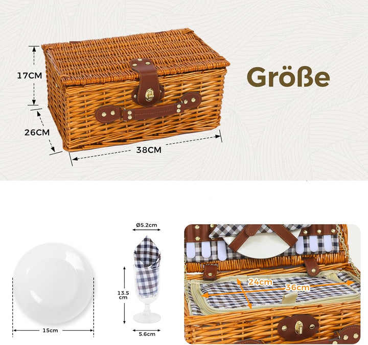 Picknickkorb Set für 2 Person mit Kühlfach, Abnehmbarer Riemen, Weinbeutel, Besteck Set, für Camping