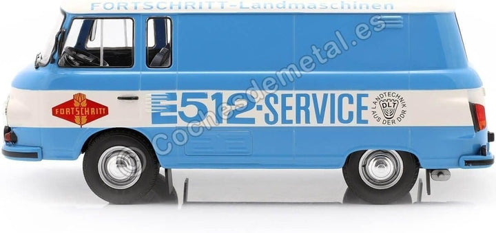 McG Barkas B 1000 Kastenwagen Fortschritt Service 1970 blau weiss Modellauto 1:18