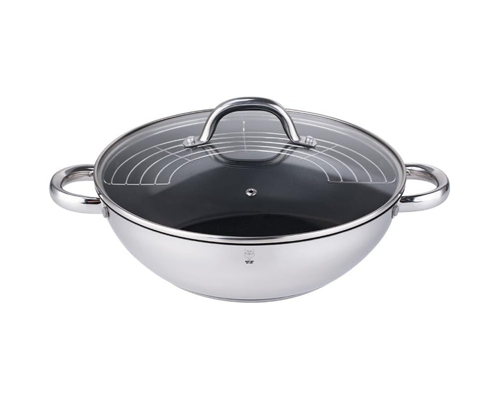 Edelstahl Wok-Pfanne mit Deckel und Ablagegitter Ø 28cm Serie Sevilla Wokpfanne mit Glasdeckel Wok