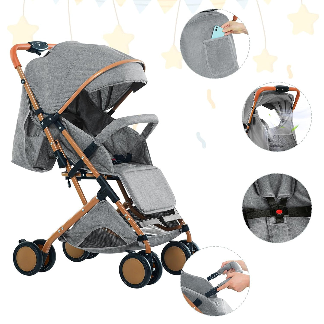 Kinderwagen mit 4 Rädern mit Sonnenschirm, Kinderwagen, sitzend und liegend, verstellbare Rückenlehn