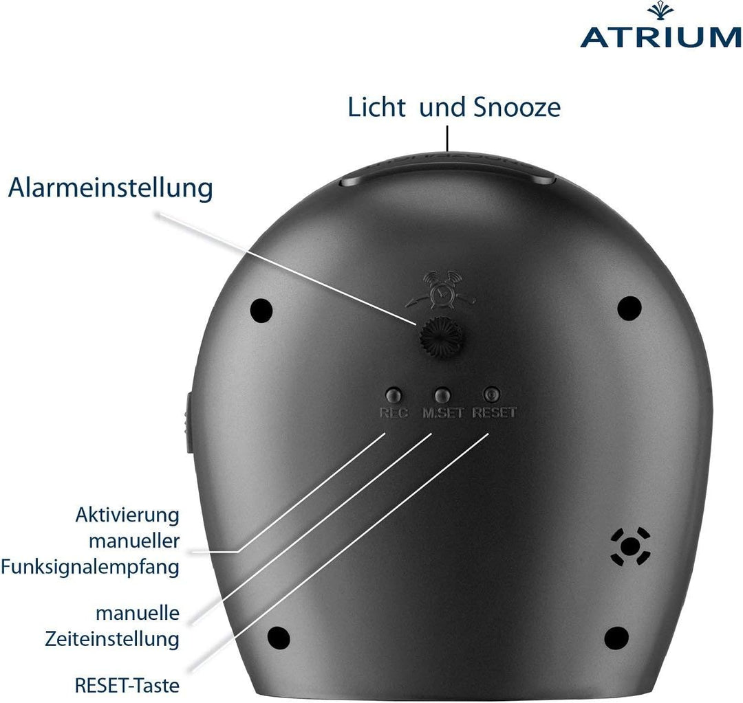 Atrium Funkwecker Analog Quarz ohne Ticken klassisches Design matt schwarz A620-7
