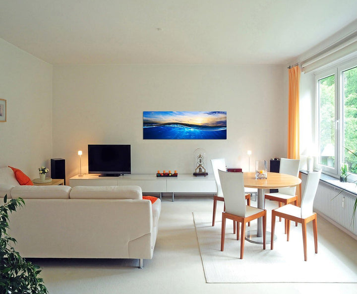 Paul Sinus Art Panoramabild auf Leinwand und Keilrahmen 150x50cm Wasser Welle Sonnenuntergang Luftbl