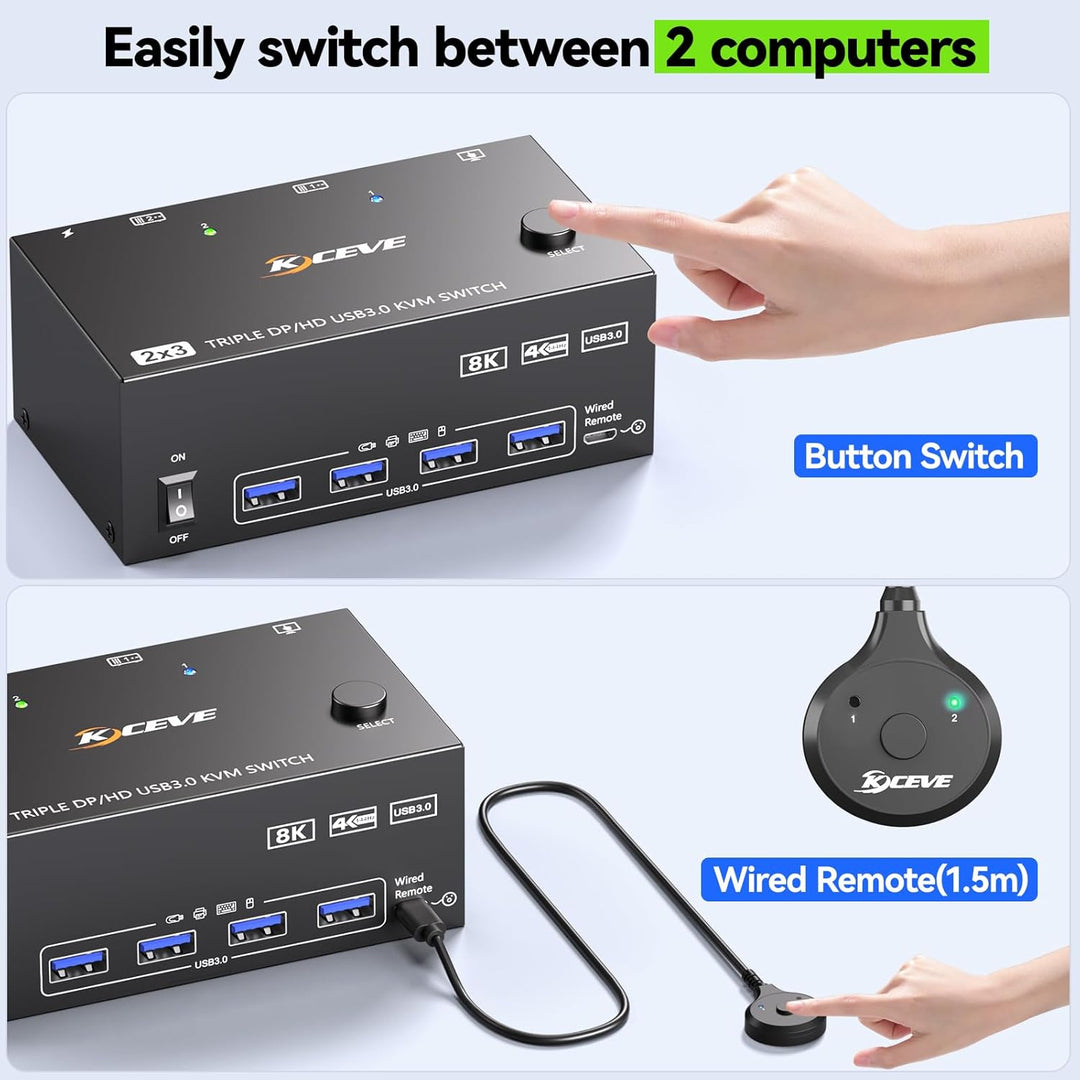 KVM Switch 2 PC 3 Monitore 8K@60Hz,MLEEDA HDMI Displayport KVM Switch Triple Monitor für 2 PC Teilen