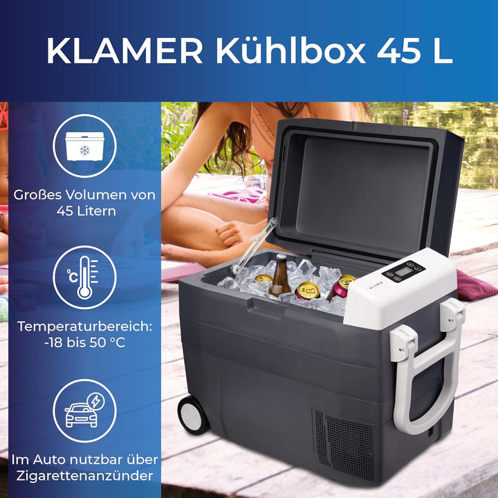 KLAMER elektrische Kühlbox, Kühlbox mit Kühl- und Warmhaltefunktion, 2 Anschlüsse: 230V & 12V für Zi