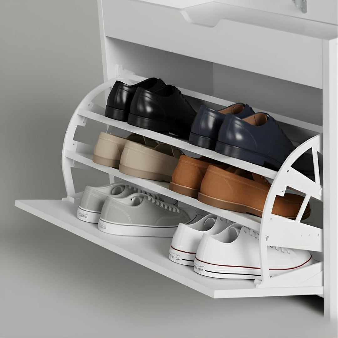 MDF Schuhschrank mit Sitzbank und ausziehbaren Regalen, Polyester Polsterung, 57 x 30 x 53 cm, Multi