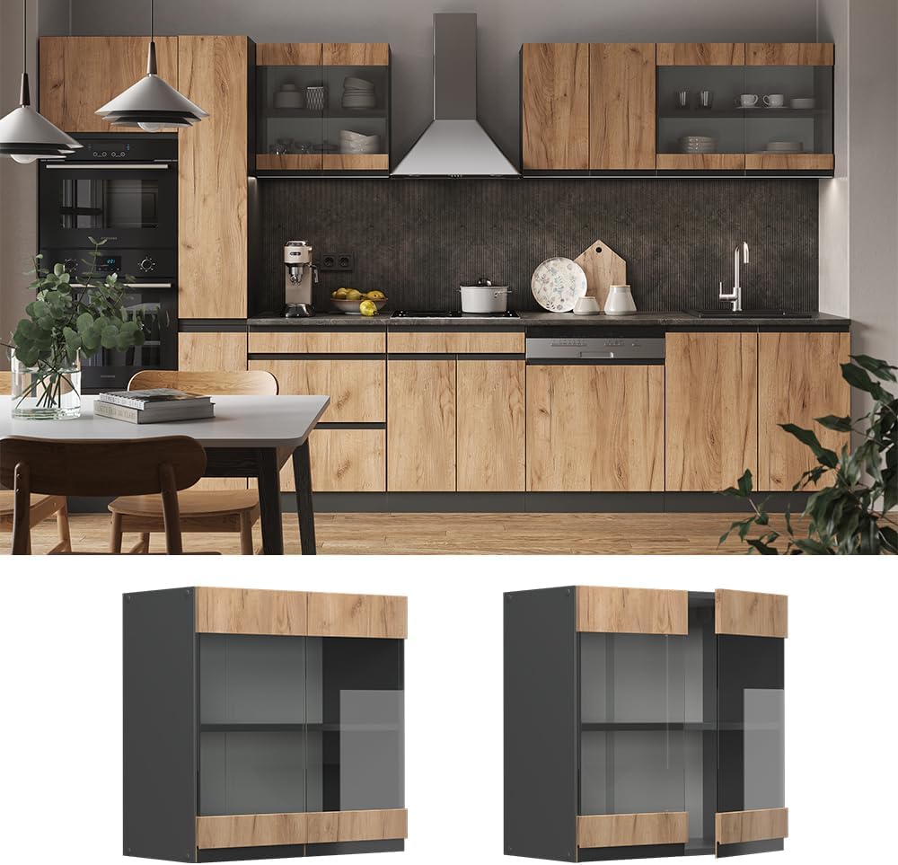 Vicco Küchenschrank Glas R-Line, Goldkraft Eiche/Anthrazit, 60 cm J-Shape Goldkraft Eiche Hängeglass