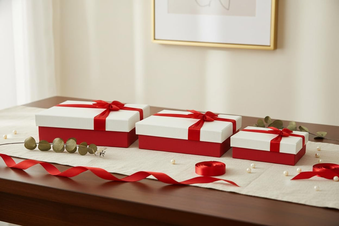 Emartbuy Set Mit 3 Starre Geschenkbox, Red Box Mit Sahne Deckel, Braunen Und Roten Schleife Rechteck