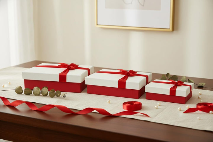 Emartbuy Set Mit 3 Starre Geschenkbox, Red Box Mit Sahne Deckel, Braunen Und Roten Schleife Rechteck